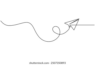 Paper Plane Continuous Line Icon, Continuous one line drawing of paper airplane, plane is flying, Doodle vector illustration. Single line drawing of a paper plane