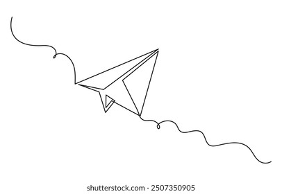 Paper Plane Continuous Line Icon, Continuous one line drawing of paper airplane, plane is flying, Doodle vector illustration. Single line drawing of a paper plane
