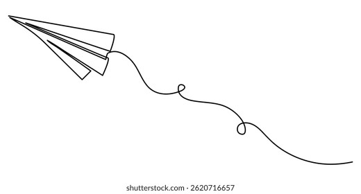 Ícone de linha contínua de plano de papel, desenho contínuo de uma linha de avião de papel voando ilustração de vetor, desenho contínuo de uma linha de plano de papel de estilo minimalista e vetor de contorno. 