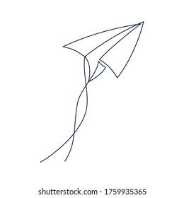 Paper plane continuous line vector illustration - airplane silhouette made with one single line art style isolated on white background. Outline abstract aircraft with editable stroke.
