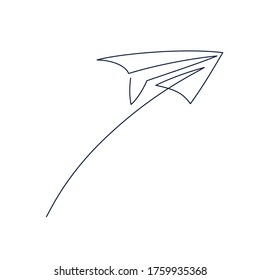 Paper plane continuous line vector illustration - airplane silhouette made with one single line art style isolated on white background. Outline abstract aircraft with editable stroke.