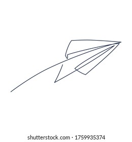 Paper plane continuous line vector illustration - airplane silhouette made with one single line art style isolated on white background. Outline abstract aircraft with editable stroke.