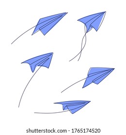 Paper plane continuous line vector illustration - airplane silhouette made with one single line art style isolated on white background. Outline abstract aircraft with editable stroke.
