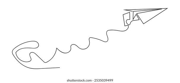 Paper plane continuous one line art style. The airplane made from paper. Isolated on white background vector illustration