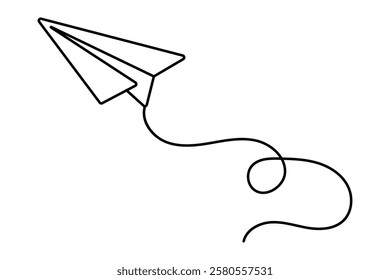 Paper plane continuous one line drawing of isolated outline vector art
