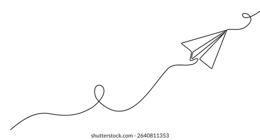 Paper plane continuous one line art travel outline icon sketch vector illustration doodle trip. Art single line plane flight air airplane background linear aircraft fly airport business international