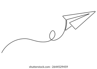 Paper plane continuous one line drawing in minimalist outline vector style
