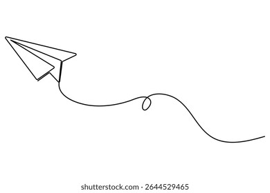 Paper plane continuous one line drawing in minimalist outline vector style
