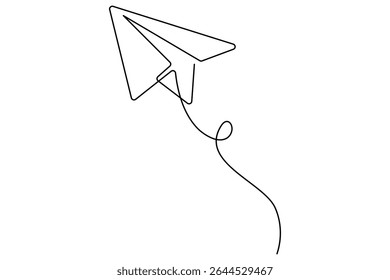 Paper plane continuous one line drawing in minimalist outline vector style
