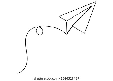 Paper plane continuous one line drawing in minimalist outline vector style
