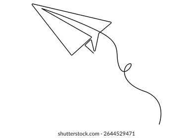 Paper plane continuous one line drawing in minimalist outline vector style
