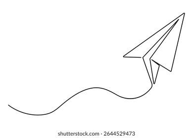 Paper plane continuous one line drawing in minimalist outline vector style
