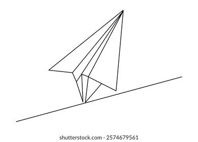 Paper plane continuous single line art and isolated outline vector design
