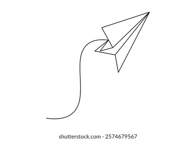 Paper plane continuous single line art and isolated outline vector design