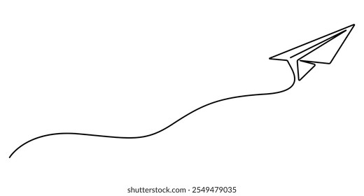 Paper plane craft in continuous line drawing style. Vector illustration minimalist design hand drawn. Paper plane flying up. Continuous one line drawing for business, travel or journey illustration.