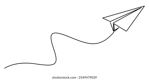 Paper plane craft in continuous line drawing style. Vector illustration minimalist design hand drawn. Paper plane flying up. Continuous one line drawing for business, travel or journey illustration.