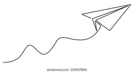 Paper plane craft in continuous line drawing style. Vector illustration minimalist design hand drawn. Paper plane flying up. Continuous one line drawing for business, travel or journey illustration.