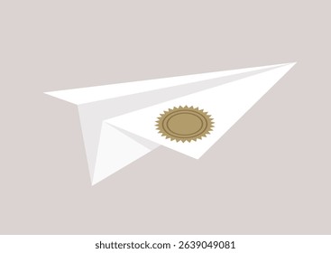 A paper plane crafted from diploma paper glides gracefully, symbolizing triumph and growth in an imaginative setting filled with excitement and possibilities for future adventures.