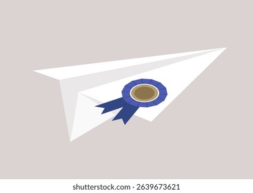 A paper plane crafted from diploma paper glides gracefully, symbolizing triumph and growth in an imaginative setting filled with excitement and possibilities for future adventures.
