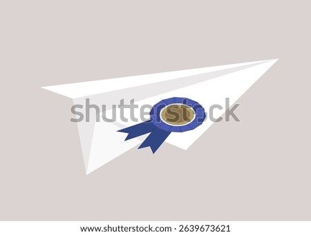 A paper plane crafted from diploma paper glides gracefully, symbolizing triumph and growth in an imaginative setting filled with excitement and possibilities for future adventures.