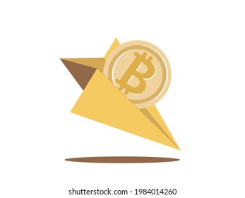 Paper plane crash with bitcoin price value going down drop, crisis market. Crypto currency loss. Investor and bussinesman, money, recession. Vector flat illustration design. Isolated background.