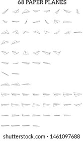Paper plane created from folded paper. Sketch of the illustration. Black simple outline illustration on white background. 68 paper planes.