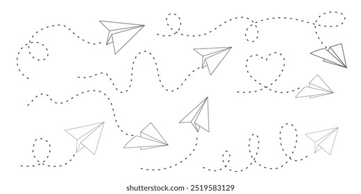 Desenho de estilo de esboço de rabisco de linha tracejada de plano de papel. Caminho, siga a ideia. Elemento de design para negócios ou viagens. Avião de papel