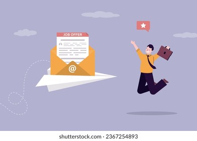 Paper plane deliver job offer document in yellow envelope. Happy caucasian male employee. Hiring new staff. Email with job invitation. Recruitment, work contract, agreement. flat vector illustration