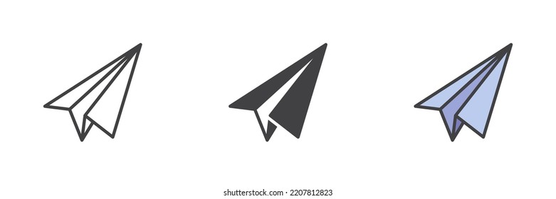 Paper plane different style icon set. Line, glyph and filled outline colorful version, Message send outline and filled vector sign. Symbol, logo illustration. Vector graphics