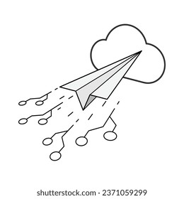Plano de papel con circuito digital a medida que el movimiento de velocidad vuela hacia el icono de la nube. Concepto de comunicación en la nube. Estilo de diseño plano de la ilustración del vector.