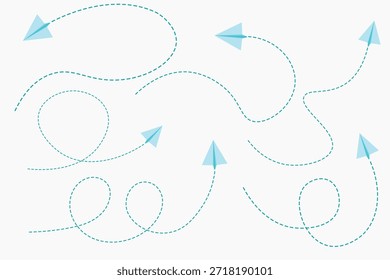 Setas de direção de plano de papel com caminhos tracejados curvos, ideais para conceitos de viagem e gráficos de navegação.