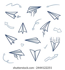 Paper plane doodle drawing set, paper airplane outline hand drawn drawing