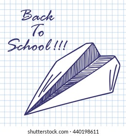Paper plane. Doodle sketch on checkered paper background. Vector illustration.