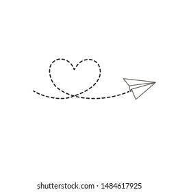 Paper plane with dotted line heart. Vector linear illustration by hand. Doodle drawing,