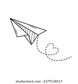 Paper plane with a dotted line heart. Linear icon. Hand drawn doodle airplane. The way forward, unique, innovation, start-up company, business, growth, travel, freedom, dream concept.