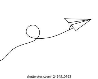 Paper plane with dotted line. Linear icon origami paper airplane. Handmade aircraft. Travel, route symbol. Vector illustration