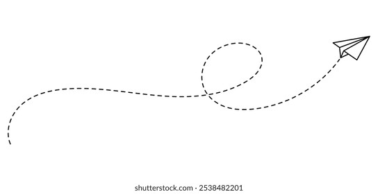 Paper plane with dotted line, Origami paper airplane, Travel symbol, vector illustration.
