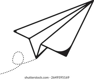 Paper plane with dotted line, Origami paper airplane, Travel symbol, vector illustration. Isolated. Outline. Hand drawn doodle airplane. Black linear paper plane icon vector illustration art  design