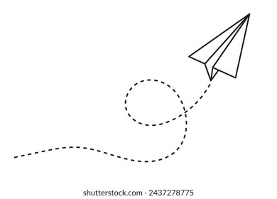 Paper plane with dotted line travel and route symbol in line style, Origami paper airplane, Black linear paper plane icon.