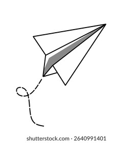 Paper plane with dotted line travel and route symbol in line style. Paper airplane with flight path vector. Hand drawn paper plane doodle
