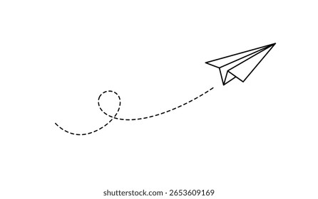 Plano de papel com linha pontilhada viagem e símbolo de rota em estilo de linha, Avião de papel Origami, ícone de plano de papel linear preto