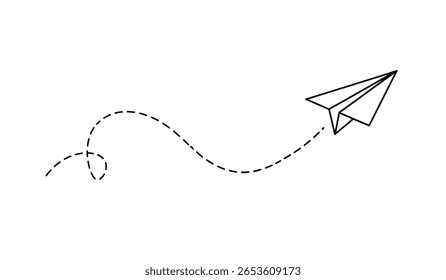 Plano de papel com linha pontilhada viagem e símbolo de rota em estilo de linha, Avião de papel Origami, ícone de plano de papel linear preto