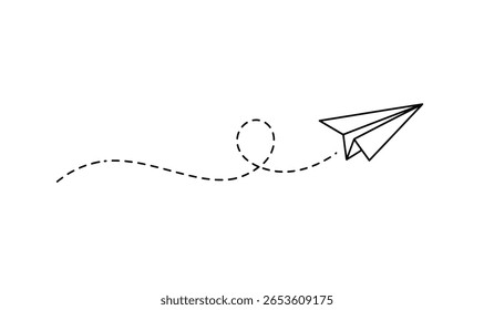 Plano de papel com linha pontilhada viagem e símbolo de rota em estilo de linha, Avião de papel Origami, ícone de plano de papel linear preto