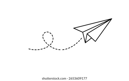 Plano de papel com linha pontilhada viagem e símbolo de rota em estilo de linha, Avião de papel Origami, ícone de plano de papel linear preto