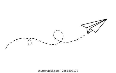 Plano de papel com linha pontilhada viagem e símbolo de rota em estilo de linha, Avião de papel Origami, ícone de plano de papel linear preto
