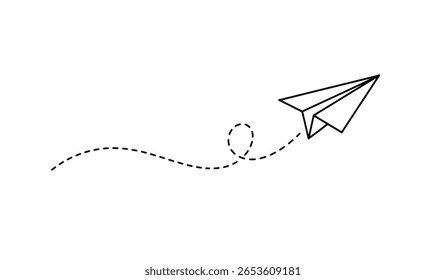 Plano de papel com linha pontilhada viagem e símbolo de rota em estilo de linha, Avião de papel Origami, ícone de plano de papel linear preto