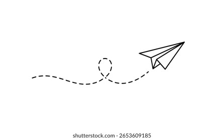 Plano de papel com linha pontilhada viagem e símbolo de rota em estilo de linha, Avião de papel Origami, ícone de plano de papel linear preto