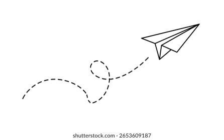 Plano de papel com linha pontilhada viagem e símbolo de rota em estilo de linha, Avião de papel Origami, ícone de plano de papel linear preto