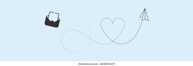 Paper plane with dotted line vector. Airplane track or route with dotted lines. Paper airplane, Travel symbol
