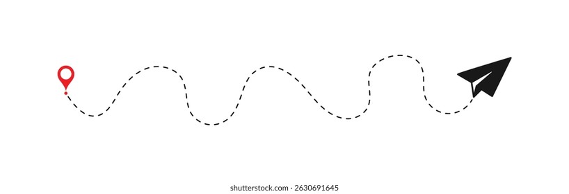 Paper plane with dotted line vector. Airplane track or route with dotted lines. Paper airplane, Travel symbol